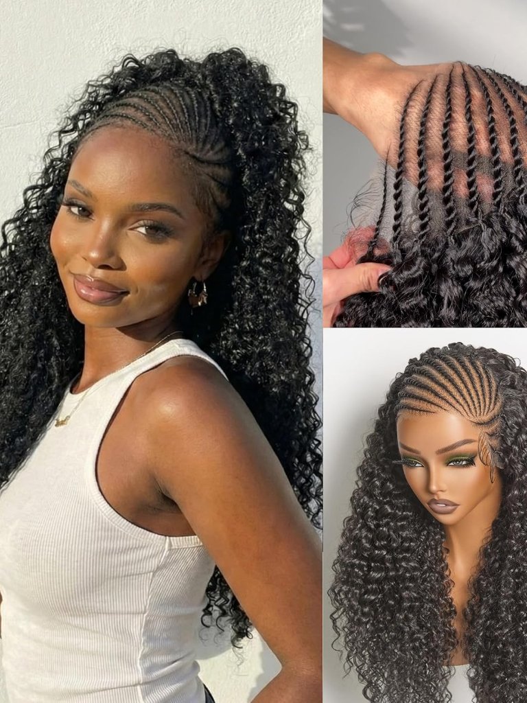 136 Cornrow Braided Wig For Black Women Veralux Fiber 24 Inches Water Wave Lace